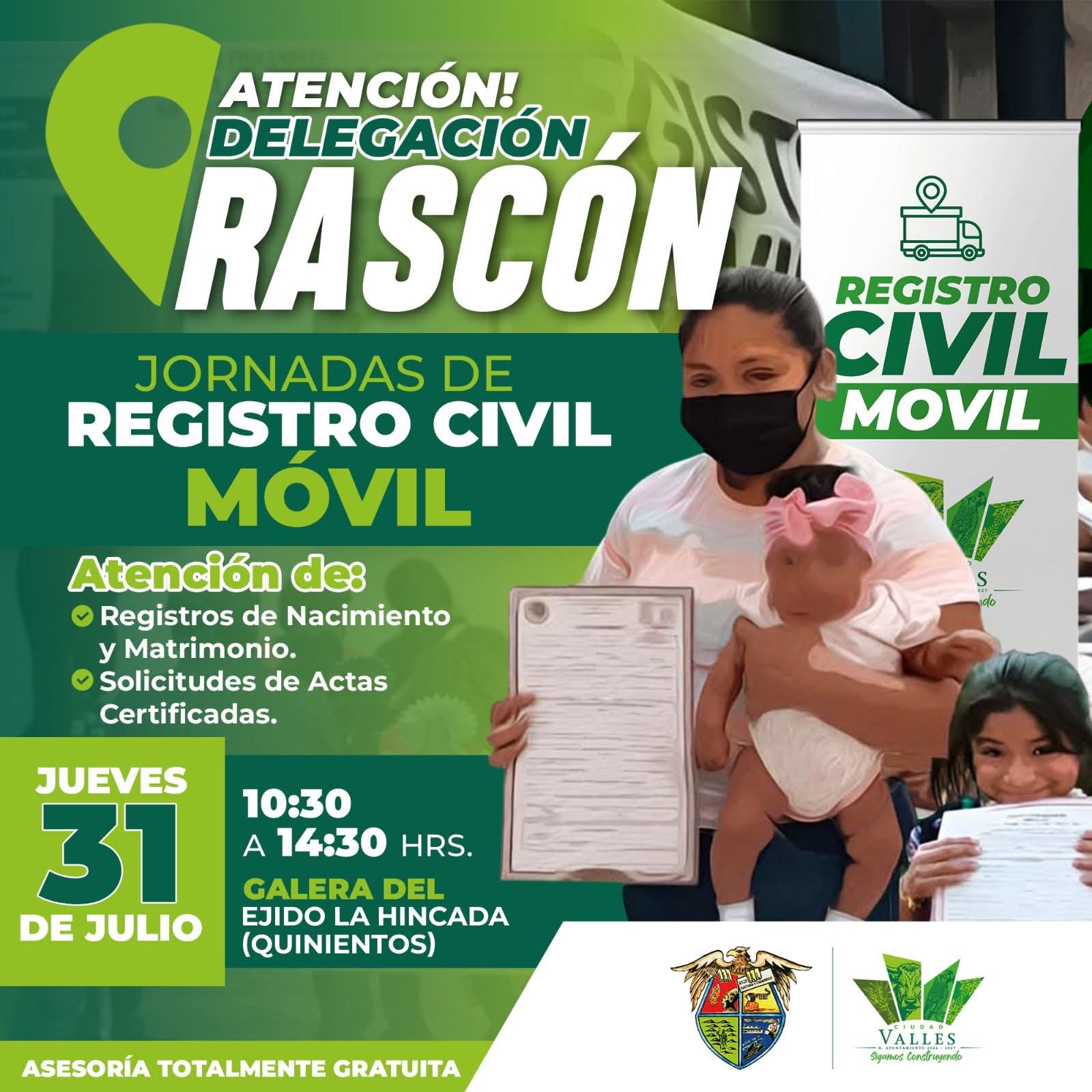 👉🏾JORNADA DEL REGISTRO CIVIL MÓVIL BRINDARÁ SERVICIOS EN EL EJIDO LA HINCADA (QUINIENTOS) ESTE JUEVES 31 DE JULIO✅️
