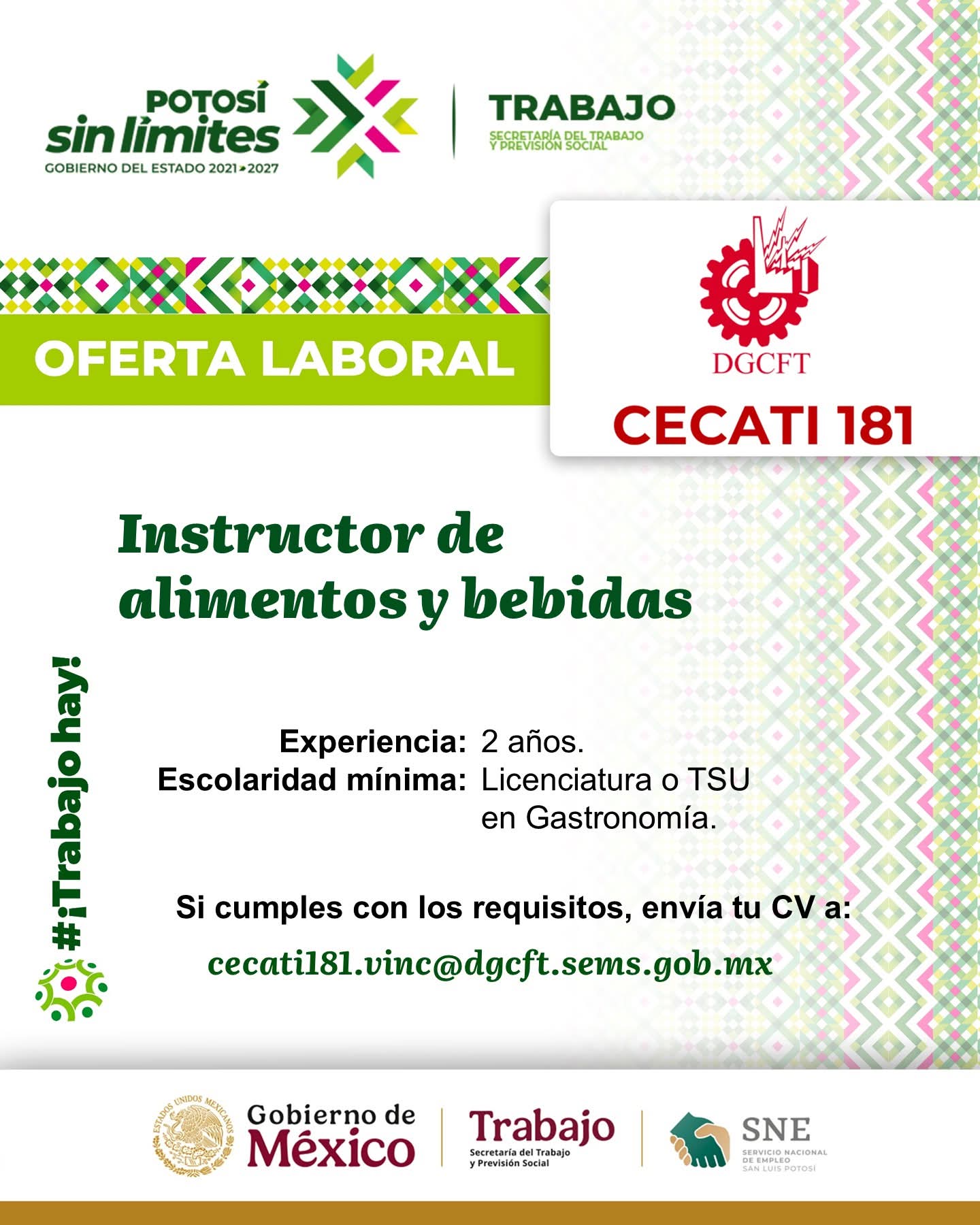 Nueva #Vacante en CECATI 181! 🧑‍🍳CECATI 181 te invita a formar parte de su equipo de trabajo como: