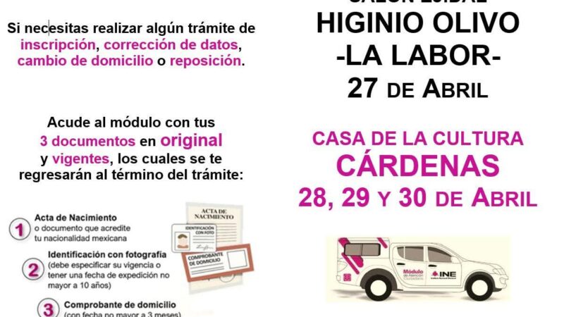 ¡ATENCIÓN CÁRDENAS Y LA LABOR! 🗳️ El INE llega a nuestro Municipio.