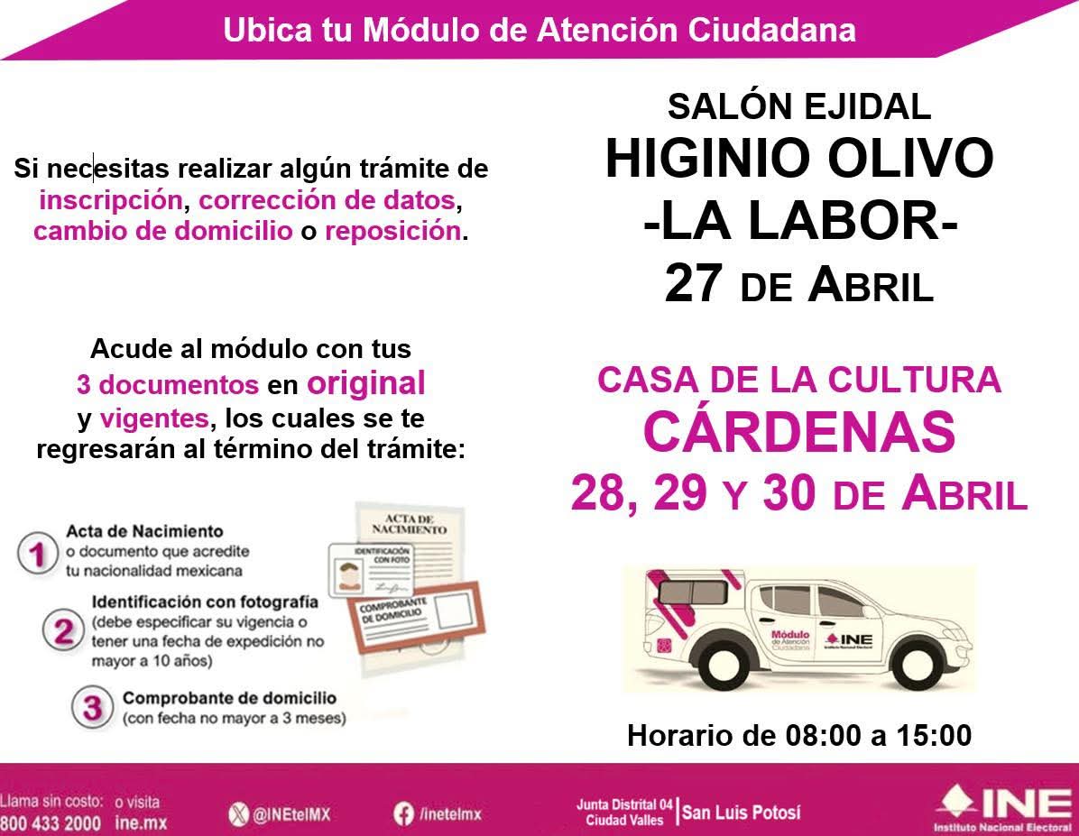 ¡ATENCIÓN CÁRDENAS Y LA LABOR! 🗳️ El INE llega a nuestro Municipio.