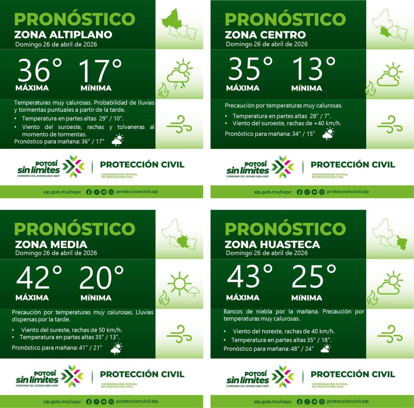 🚨🌤️ Pronóstico del tiempo en las cuatro regiones de San Luis Potosí este Domingo 26 de abril de 2026