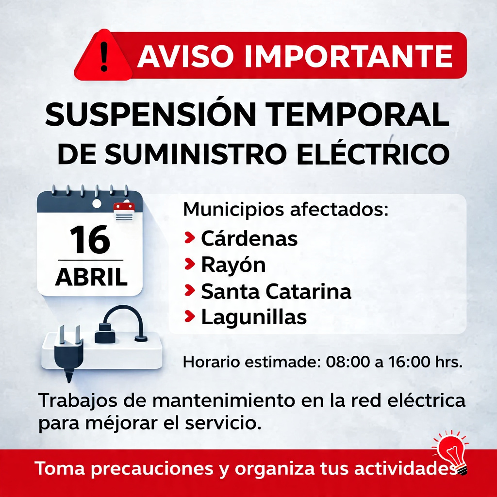 ⚠️ AVISO IMPORTANTE ⚠️🔌 CORTES DE ENERGÍA ELÉCTRICA ESTE 16 DE ABRIL