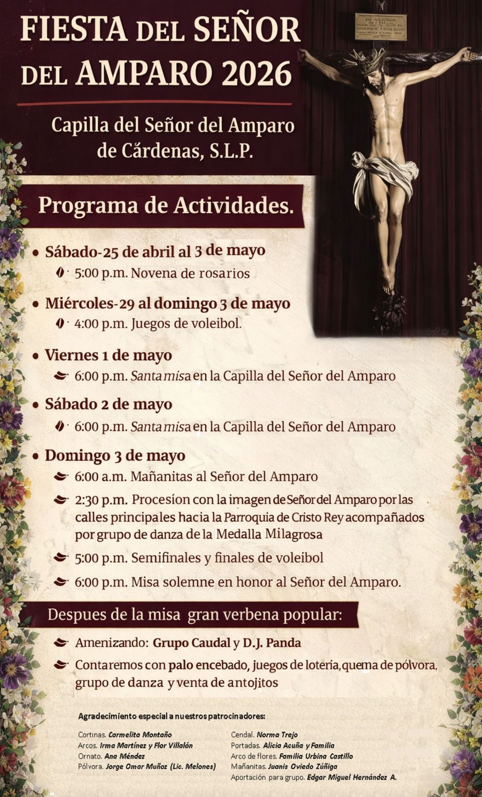 Cárdenas se prepara para la Gran Fiesta del Señor del Amparo 2026: Novena, Deporte y Verbena Popular